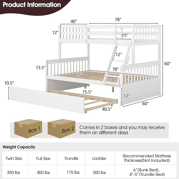 Giantex Twin Over Full Bunk Bed with Trundle, Convertible Platform Bed Frame with Ladder, Solid Wood Frame & Safety High Guardrails, Space-Saving Bunk Bed for Teens & Kids, No Box Spring Needed, White