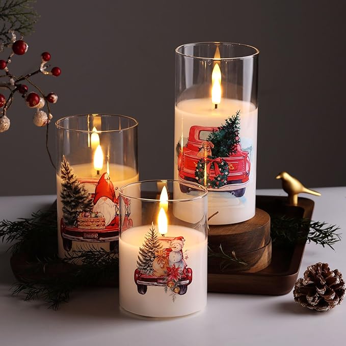 Eywamage Christmas Glass Flameless Candles with Remote, Flickering LED Pillar Candles Holiday Table Decor Gift Set of 3