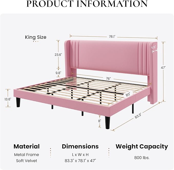 SHA CERLIN King Size Velvet Upholstered Platform Bed Frame with Vertical Channel Tufted Wingback Headboard, Wooden Slats Support, Easy Assembly, Under Bed Storage, No Box Spring Required, Pink
