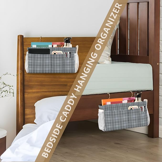 Bedside Caddy Hanging Bunk Bed Caddy Bed Organizer Hanging Pocket with 2 Hooks Bedside Storage Organizer Pocket Bag Holder Grey Plaid