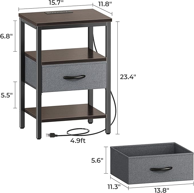 SUPERJARE Nightstand Set of 2, Bed Side Tables with Charging Station, Adjustable Fabric Drawer, Night Stand for Bedroom, 3-Tier Storage End Tables, Walnut, 8694NC