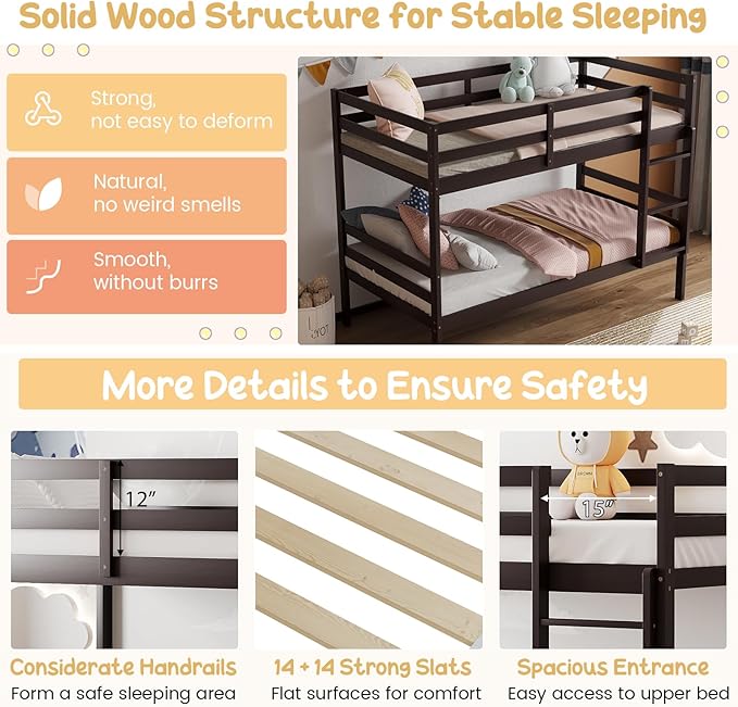 Giantex Bunk Bed Twin Over Twin, Solid Wood Bunk Bed with Sturdy Ladder & 12 Inch Safety Guard Rails, Twin Size Wood Bed Frame for Dormitory, No Box Spring Needed, Bunk Beds for Kids Teens, Espresso