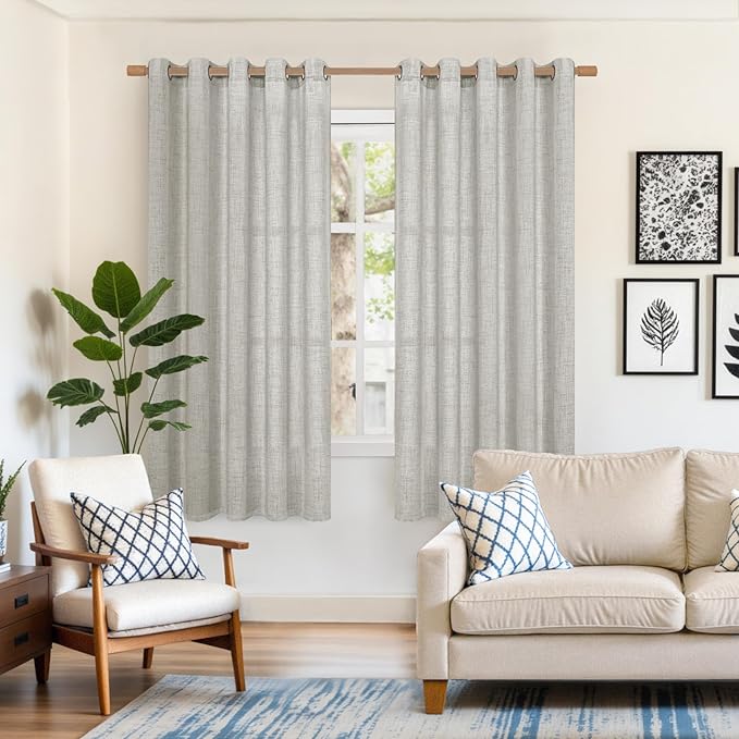 YoungsTex Light Grey Linen Curtains 63 Inches Long Bronze Grommet Light Filtering Window Drapes for Living Room Bedroom Office Lightweight, 60 x 63 Inch, 2 Panels