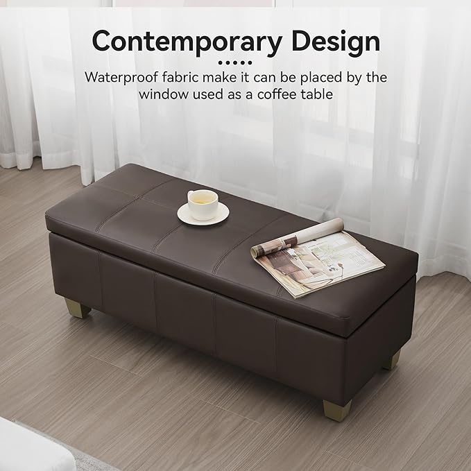 41" Faux Leather Storage Ottoman, Stitch Tufted Rectangle Upholstered End of Bed Storage Bench, Entryway Large Couch Ottoman with Wooden Legs,Brown