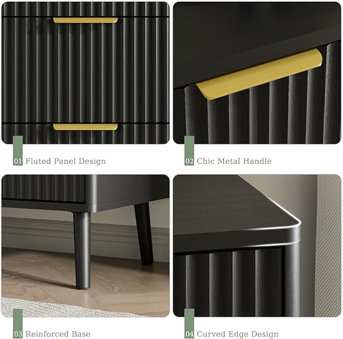 LYNSOM Fluted 9 Drawer Dresser for Bedroom, 55" Wide Modern Chest of Drawers with Curved Profile Design and Metal Handles, Wood Dresser TV Stand & Storage Organizer for Bedroom, Hallway, Black