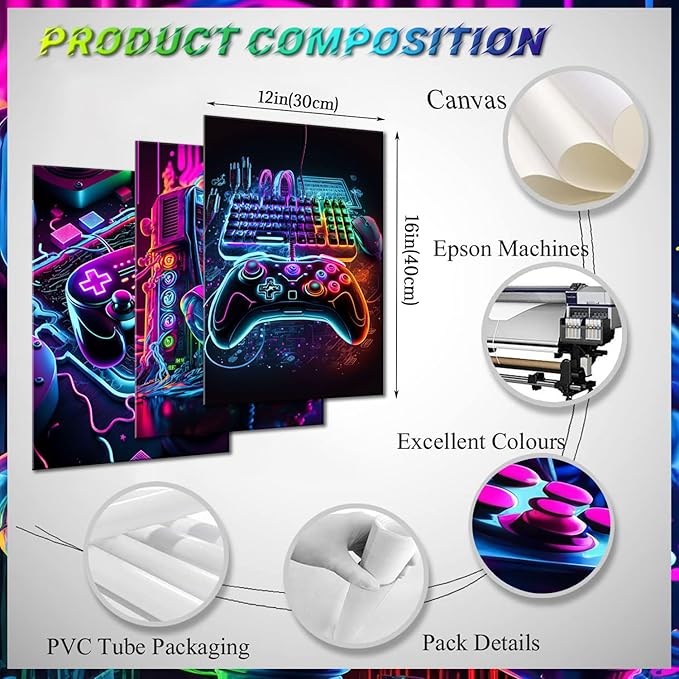Game Room Decor Posters Set of 3 - Neon Gaming Accessories Theme Canvas Wall Art, Gamer Console Paintings Picture Wall Decor for Children Youth Boys Bedroom 12x16 inch Unframed