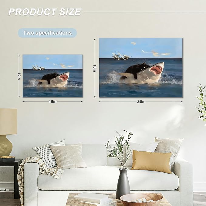 BFKDKG Framed Black Cat Wall Art, Abstract Black Cat Shark Poster, Funny quirky cat and shark pictures canvas prints Wall Decor for Room Bedroom Living Room Bathroom 12x16in