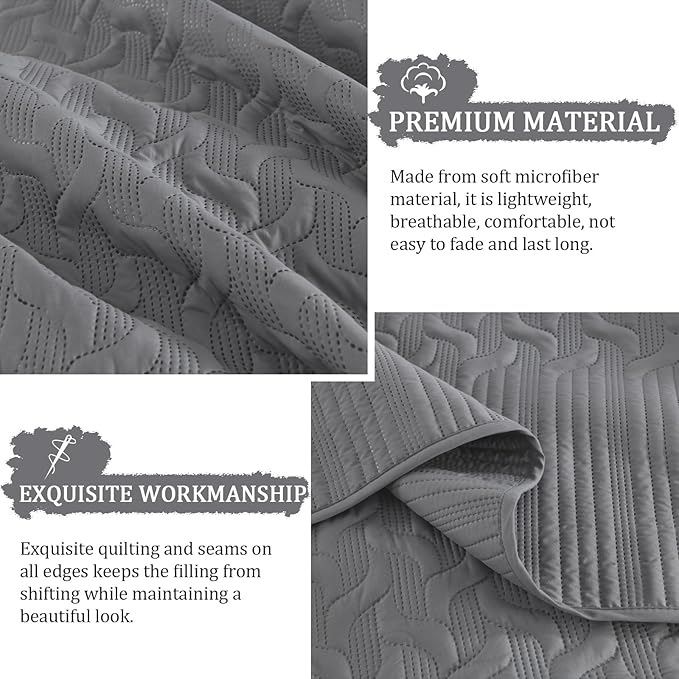 Yiran Grey Quilt Set King Size Lightweight Bedspread Ultrasonic Wave Pattern Soft Microfiber Coverlet for All Season Modern Style 3 Piece Bed Cover Sets with 2 Pillow Shams (106"x96")