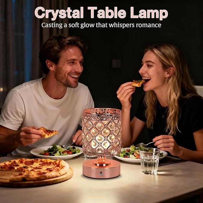 TOBUSA Crystal Rechargeable Cordless Table Lamps Set of 2, Wireless Lamps with 3 Color Temps & Stepless Dimming, Portable 6000mAh Battery Operated Lamps, Rose Gold Small Desk Lamps for Bedroom Bar
