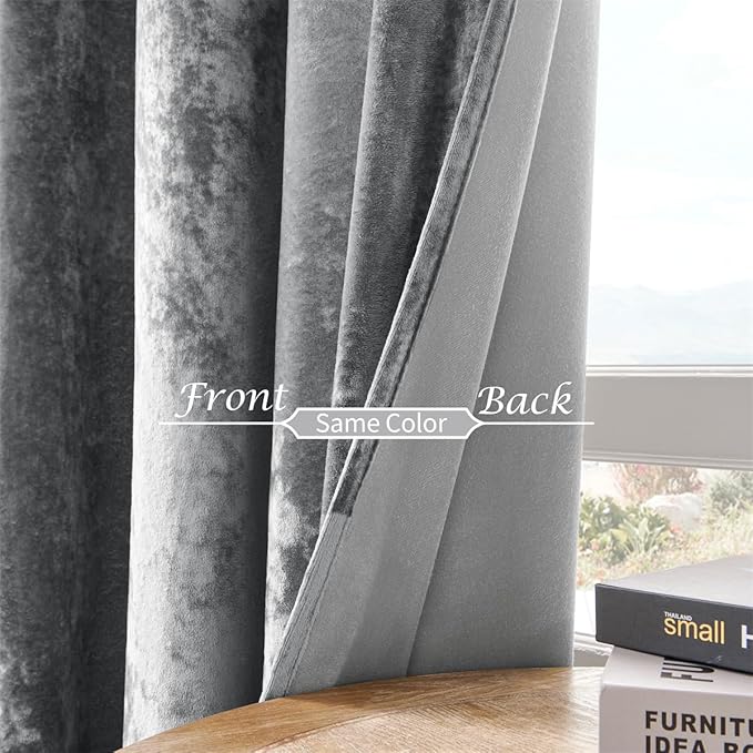SMILETIME Grey Crushed Velvet Curtains 52x108 inch Luxurious Thermal Insulated Soundproof Drapes for Living Room Bedroom Office Soft and Durable Light-Filtering Window Treatments, 2 Panels