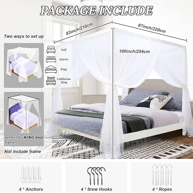 South to East White Canopy Bed Curtains, 4 Corner Post Bed Canopy for Girls & Adults, Top Luxurious Bed Drapes for Bedroom Decoration, 4 Openings, 100% Ripstop Polyester, Easy Install, King/Queen Size