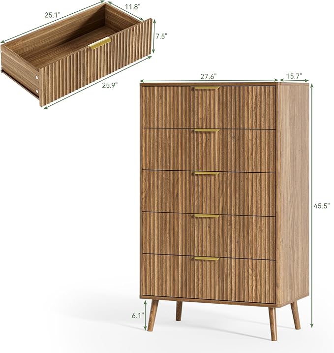 LYNSOM Fluted Dresser and Nightstand Sets 3 Piece, 5-Drawers Dresser and 1-Drawer Nightstands Set of 2, Wood Bedroom Furniture Set for Home, Bedroom, Hallway, Walnut
