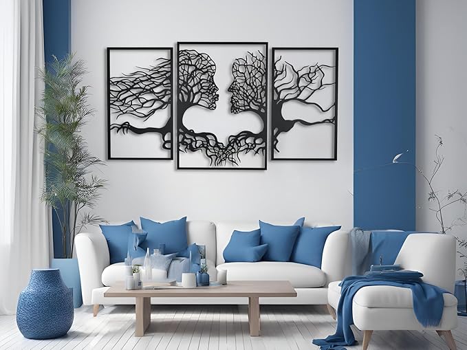 VAILLA Tree of Life Wall Wooden Art Abstract Tree Man Woman Face Large 3D Wooden Wall Decor Set of 3 Hanging Sculpture Modern Home Decoration 3D Textured Sculptures for Living Room Bedroom Office Dinnig Room (59"L x 35"W)