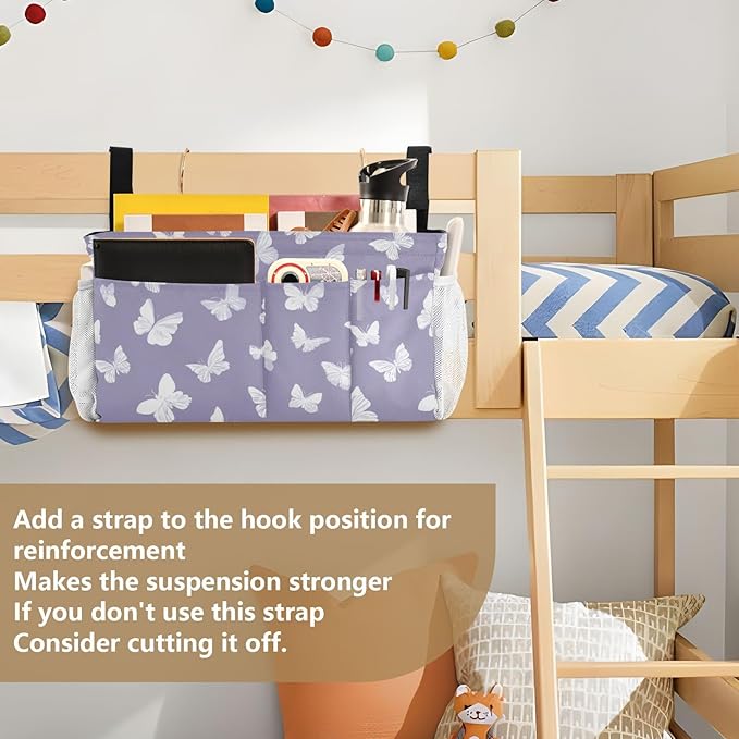 Bedside Caddy Hanging Bunk Bed Caddy Bed Organizer Hanging Pocket with 2 Hooks Bedside Storage Organizer Pocket Bag Holder White Butterfly Purple
