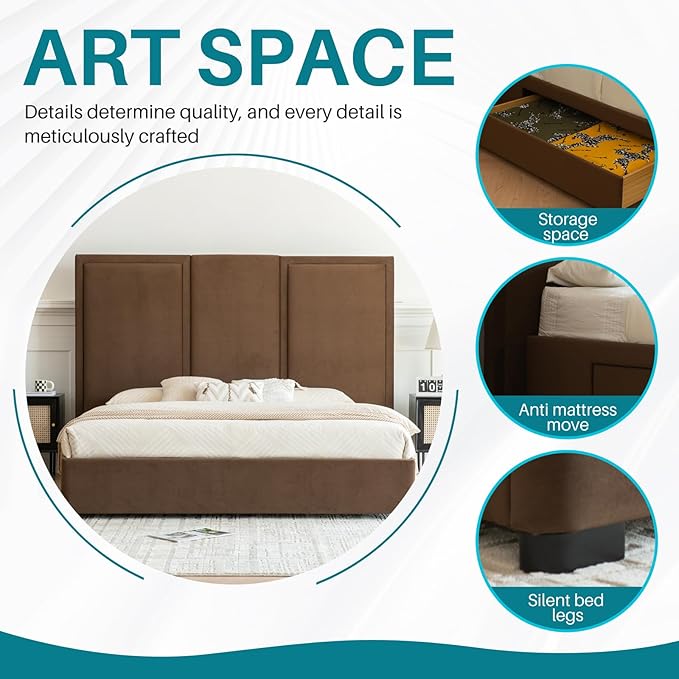 YUHUASHI King Size Bed Frame with 64-inch High Headboard, Simple and Airy Linen Upholstered Platform Bed with Storage Drawers, Wood Slat, No Noise (Brown, King)