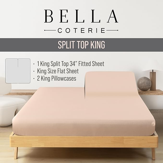 Bella Coterie Luxury Bamboo Viscose 34” Split Top King Size Sheet Set | 1 Fitted Sheet for Sleep Number & Adjustable Beds | 100% Organically Grown | Cooling & Soft | 18” Deep Pocket [Champagne]