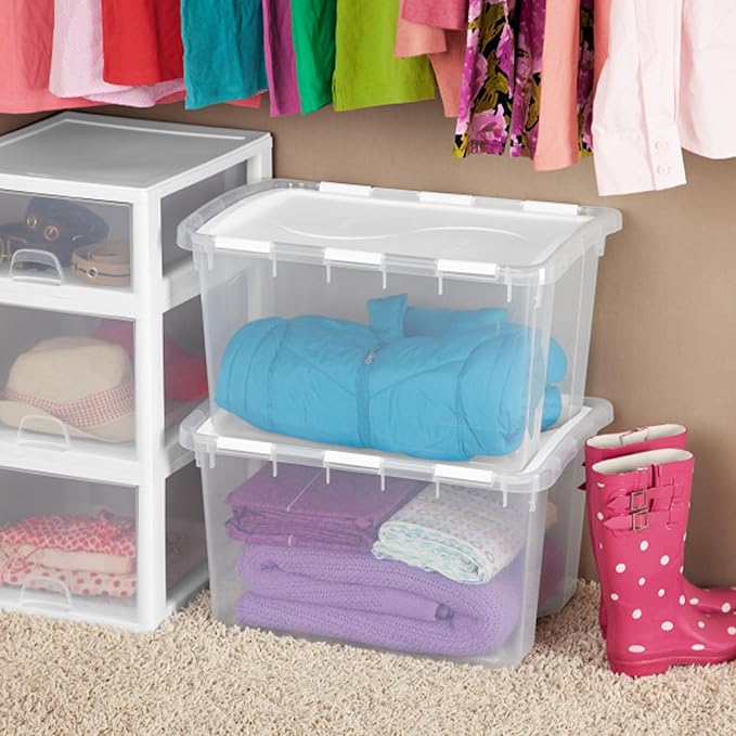 Sterilite 48 Qt Hinged Lid Storage Box, Stackable Bin with Lid, Plastic Container to Organize Home, Office, Basement, Clear with White Lid, 18-Pack