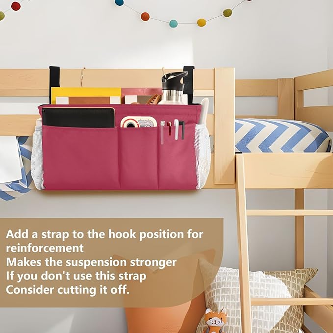 KOPIRIT Strawberry Red Bedside Caddy Storage Bag Bedside Organizer for College Dorm Top Bunk Bed Organizer Caddy Hanging Shelf 6 Pockets with Hooks for Glasses Book Tablet Holder