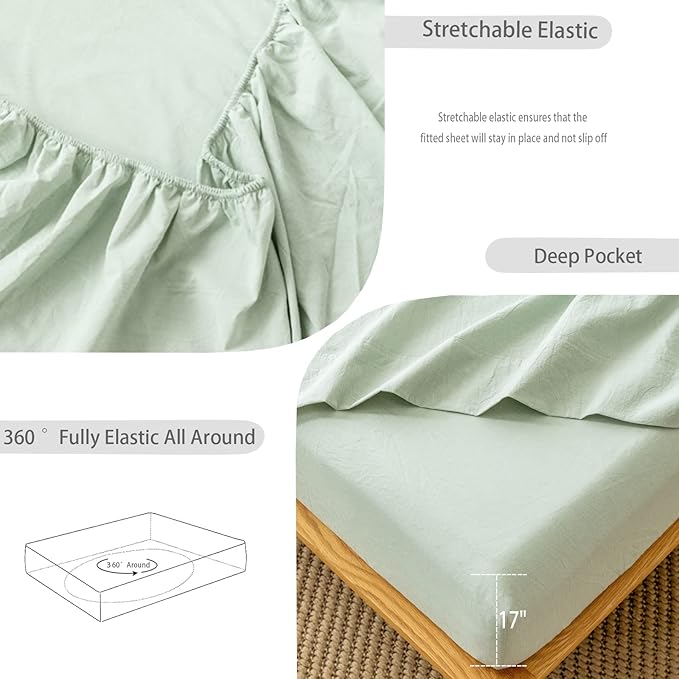MooMee Fitted Bottom Sheet Only 100% Washed Cotton Linen Like Textured Breathable Durable Soft Comfy Deep Pocket Fits Mattress up to 17" (Sage Green, Twin)