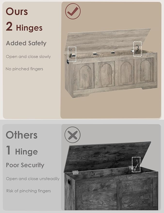 DINZI LVJ Storage Chest, 47.2" Rattan-Like Toy Box with 2 Safety Hinges, Wooden Entryway Storage Bench with Flip-Top, Large Trunk for Living Room, Bedroom, Easy Assembly, Gray Wash
