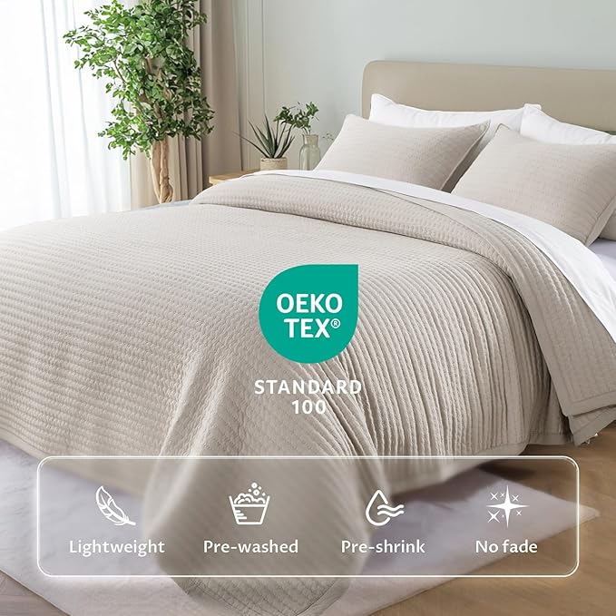 Kasentex Quilt Mini Set - Stone Washed - Super Soft Bedspread - Light Weight - - White Down Alternative Microfiber Fill - Machine Washable - Solid Colors, Full/Queen +2 Shams, Camel