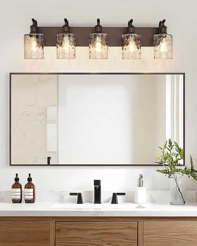Bathroom Vanity Light Fixtures 5-Light Hammered Glass Modern Wall Mounted Over Mirror Oil Rubbed Bronze - VL01ORBH-5