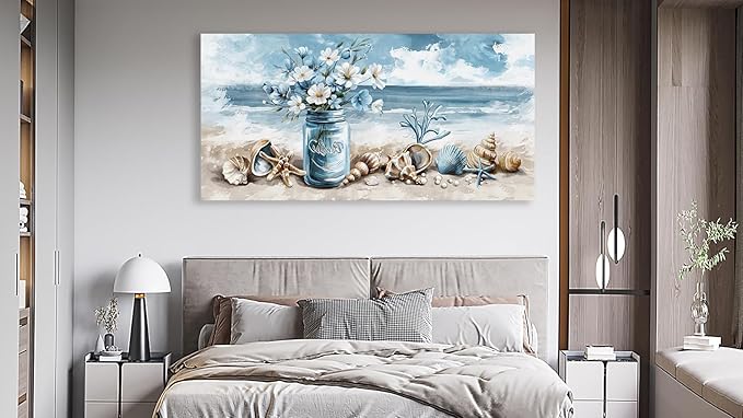 yearainn Coastal Canvas Wall Art - Rustic Jar Flowers Pictures Wall Decor Seashells Seaside Painting Artwork Ocean Landscape Prints for Living Room Bedroom Office Home Decor Ready to Hang 48" x 24"