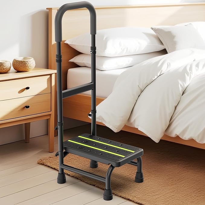 Packve Step Stool with Handle for Elderly, Non Skid Platform & Adjustable Handrail, Medical Stepping Stool for High Bed Mobility & Daily Living Aids, Bedside Car Stair Lift for Senior Adults 350lbs
