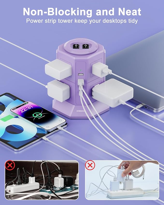 Flat Plug Power Strip Tower with 8 Outlets 4 USB Ports (2 Type C), Surge Protector Power Strip with 6.5 FT Extension Cord, Outlet Extender Charging Station with Multiple Outlets for Home Office Dorm