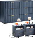 LEYAOYAO 48" Wide Fluted Dresser and 2 Drawers 23" Nightstand Set of 2, Wooden Dresser & Night Stand with Charging Station, 3 Piece Bedroom Furniture Set, Chest of Drawer for Living Room,Blue