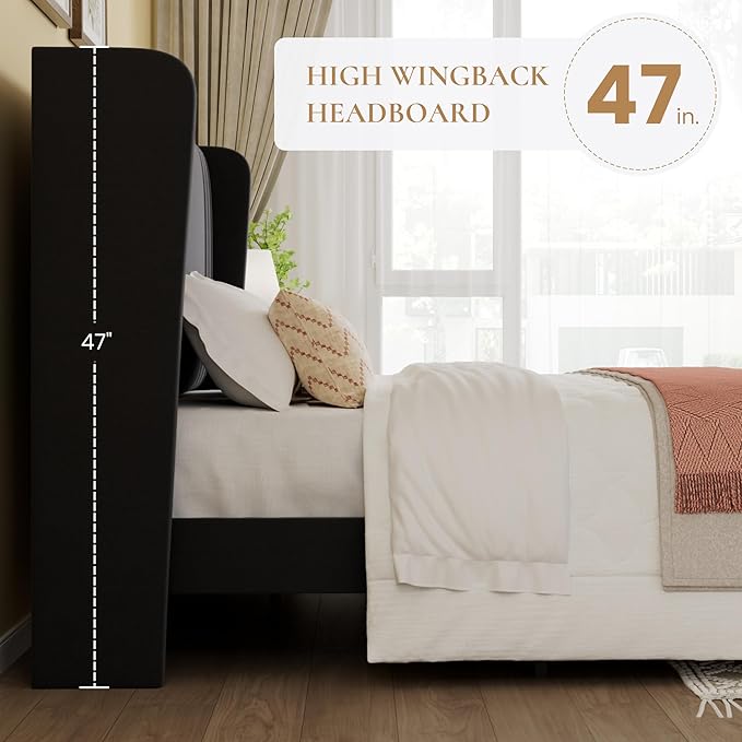 SHA CERLIN Full Size Velvet Upholstered Platform Bed Frame with Vertical Channel Tufted Wingback Headboard, Wooden Slats Support, Easy Assembly, Under Bed Storage, No Box Spring Required, Black