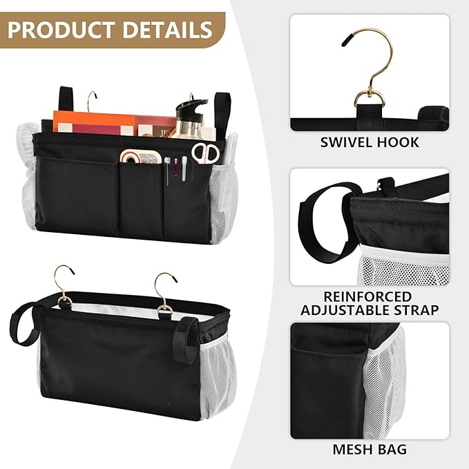 KOPIRIT Black Bedside Caddy Storage Bag Bedside Organizer for Bed Rails College Dorm Room Organizer Caddy Hanging Shelf 6 Pockets with Hooks for Drinks Magazine Phone Holder