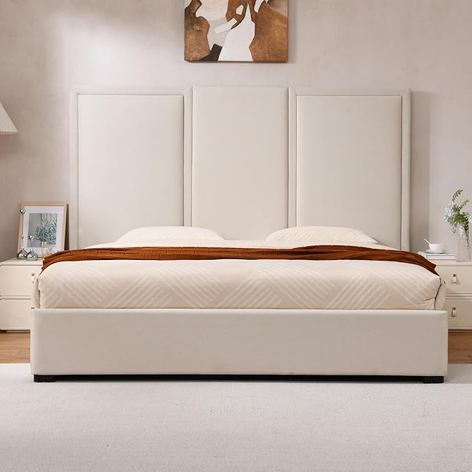 YUHUASHI King Size Bed Frame with 64-inch High Headboard, Simple and Airy Linen Upholstered Platform Bed with Storage Drawers, Wood Slat, No Noise (Beige, King(Hydraulic Lift))