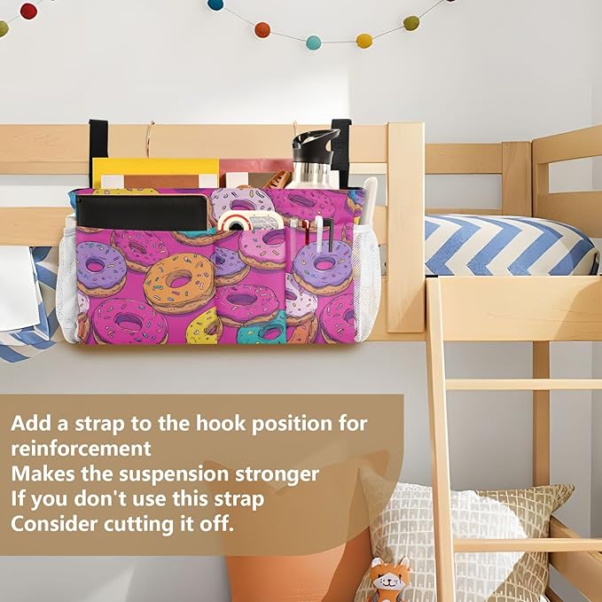 Bedside Caddy Hanging Bunk Bed Caddy Bed Organizer Hanging Pocket with 2 Hooks Bedside Storage Organizer Pocket Bag Holder Cute Donuts Colorful