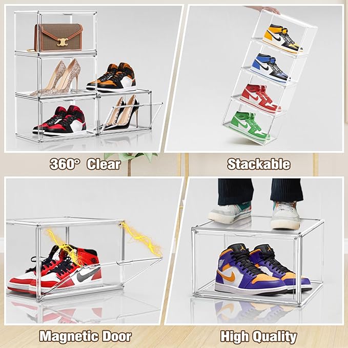 X-Large Acrylic Display Case Size 14 Sneaker Shoe Box with Magnetic Lid, Transparent Stackable Figure Display Case Clear Large Collectibles Showcase, Protection Organizer, 1 Pack