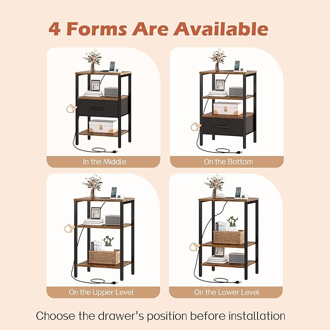 SUPERJARE Nightstand Set of 2, Bed Side Tables with Charging Station, Adjustable Fabric Drawer, Night Stand for Bedroom, 3-Tier Storage End Tables, for Living Room, Rustic Brown and Black
