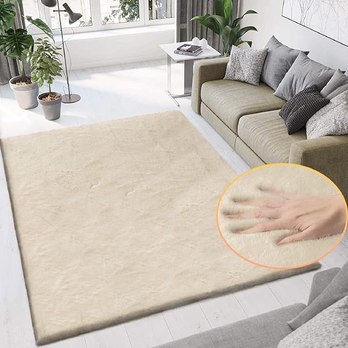 5x8 Area Rug Light Brown Beige Plush Shaggy Rugs for Bedroom Washable Faux Rabbit Fur Rug for Living Room Fluffy Large Nursery Rug Home Décor