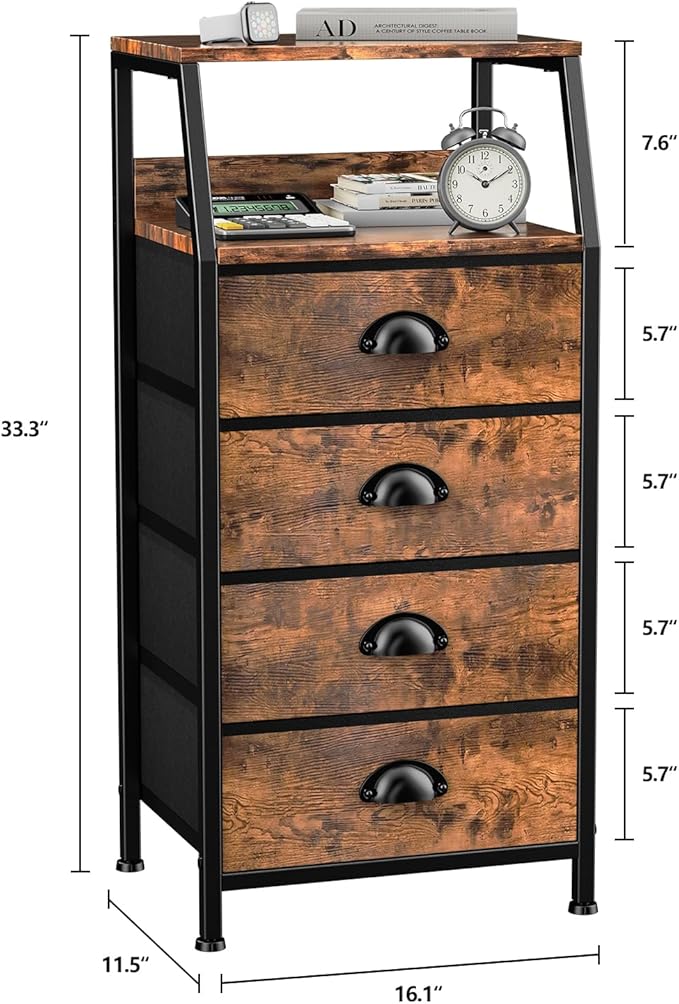 Dresser with 4 Drawers, Fabric Storage Tower for Bedroom, Tall Clothes Storage Drawers, Vertical Closet Organizer for Kids Room, Entryway, Nightstand Bedside Table, Sturdy Steel Frame & Wooden Top