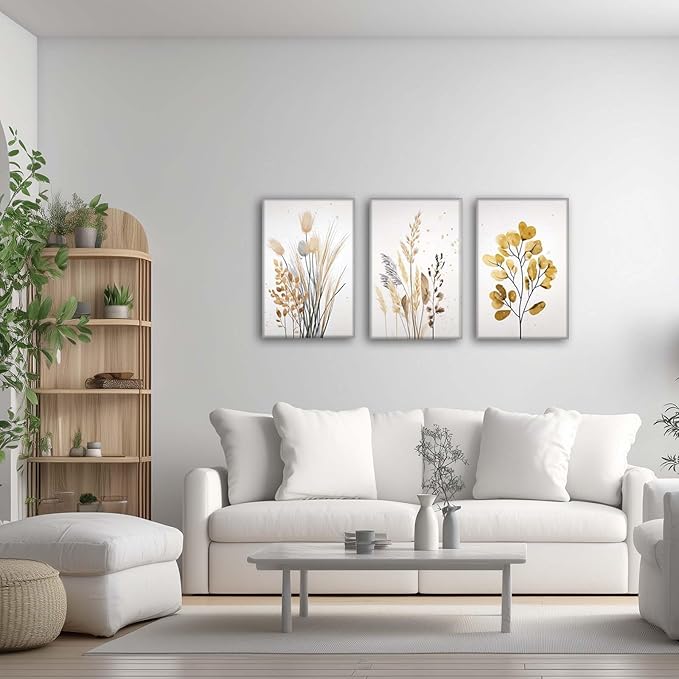 YCJKJDZ Beige Botanical Wrapped Canvas Wall Art Set of 3, Boho Watercolor Wildflower Pampas Grass Poster Neutral Leaf Art Fall Nature plant Prints for Living Room, Bedroom, Office, – 16x24 in
