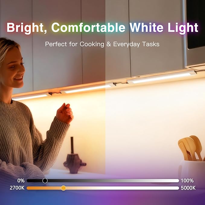 VST RGB Under Cabinet Lighting with Adjustable White Light, 12V Ultra-Thin LED Light Bar, APP & Voice (Alexa/Google), Remote & Button Control, Linkable Strip Lights for Cabinets, Closets, Shelves