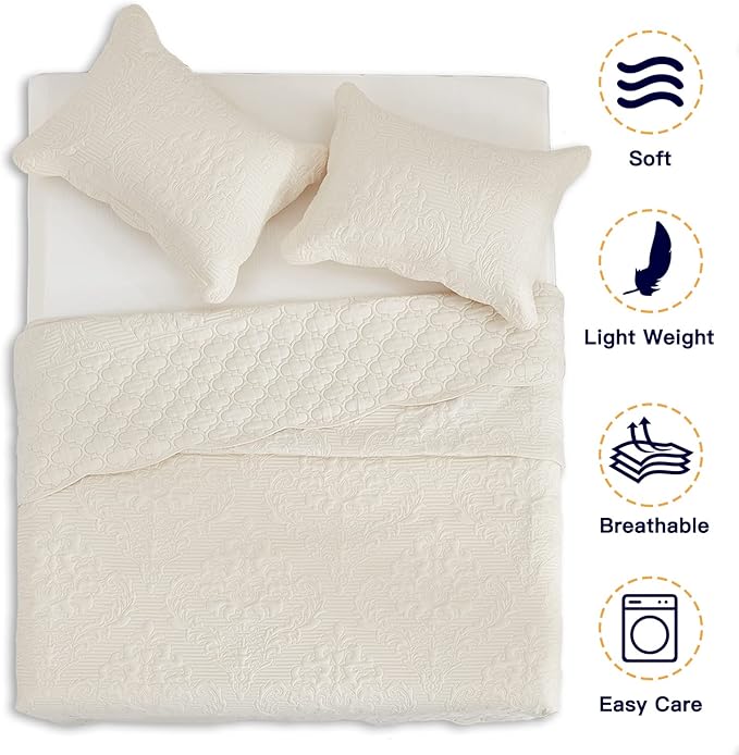 CHIXIN Bedspread Coverlet Set Queen Size - Lightweight Bedding Cover - Ultrasonic Quilting - 5 Piece Reversible Bedspread - Elegant Damask Paisley Pattern (Queen, Ivory)