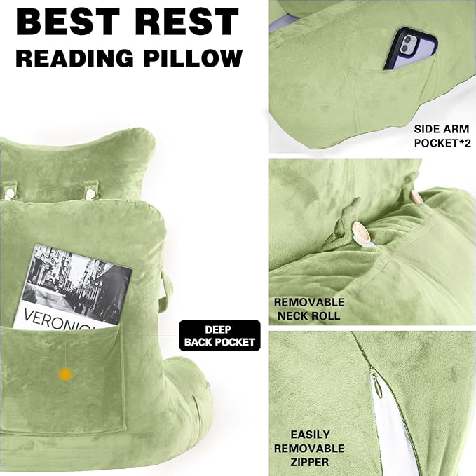 Reading Pillow-Extra Large 31" Bed Rest Pillow with Detachable Neck Roll & Arms for Sitting in Bed or Couch-Backrest Reading Pillow Adult Back Pillows for Reading/Watching TV/Gaming/Relaxing-Green