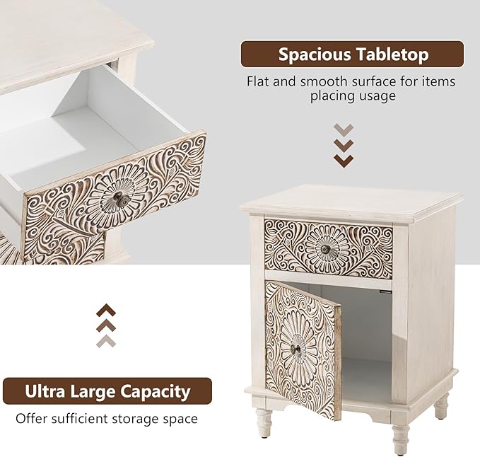 COSIEST Bedside Table Set of 2, Wood Nightstand, Farmhouse End Table with Storage, Nightstand with Drawers for Bedroom, Living Room