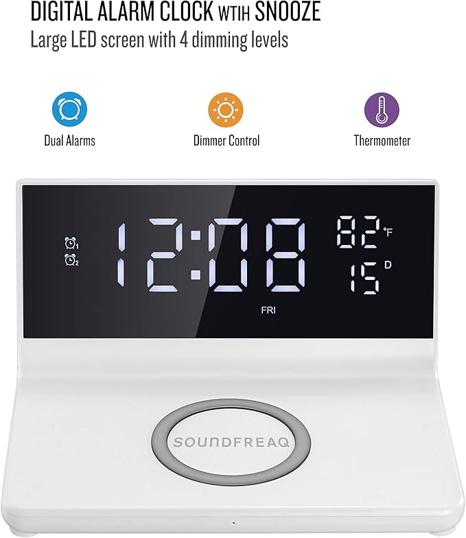 Soundfreaq Charge Rise II, SFQ-20: Digital Alarm Clock, with Dual Alarms, Fast USB Charger and Wireless Charger