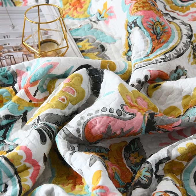 Cotton Bedspread Quilt Sets Reversible Bedding Coverlet Sets Comforter Paisley Floral Bedspread (White Paisley Floral, Queen Size)