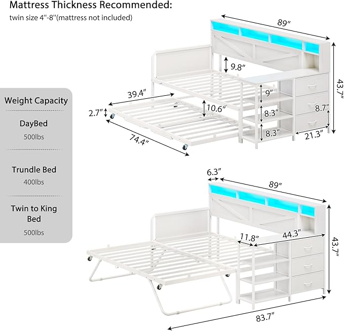 VIAGDO Daybed Twin with Pop Up Trundle, Farmhouse Wooden Day Bed Frame with 3 Storage Drawers and Shelves, Twin to King Daybed with Charging Station and LED Lights for Bedroom, Guest Room, White