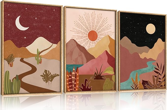 LHIUEM Large Boho Southwest Mountain Framed Canvas Wall Art,Abstract Desert Colorful Wall Decor,Nature Moon and Sun Wall Painting,Bohemian Artwork for Living Room,Bedroom,Dining Room,Office -16"x24"x3