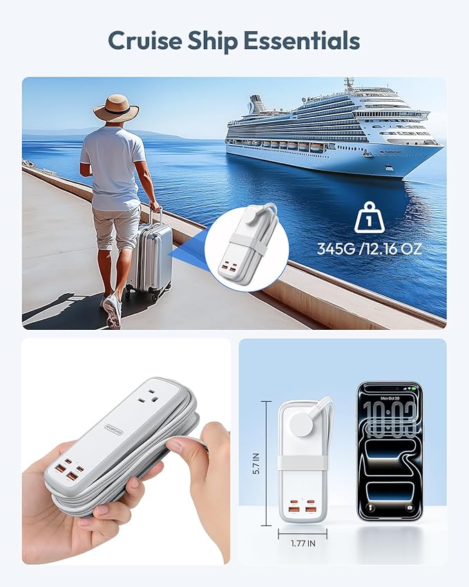 NTONPOWER 100W GAN Ultra Travel Power Strip, 7-in-1 USB C Charging Station with 3 Outlets 4 USB (2 Fast Charge)& 5ft Extension Cord, Compact Desktop Charger for MacBook, iPhone, Cruise, Office, White