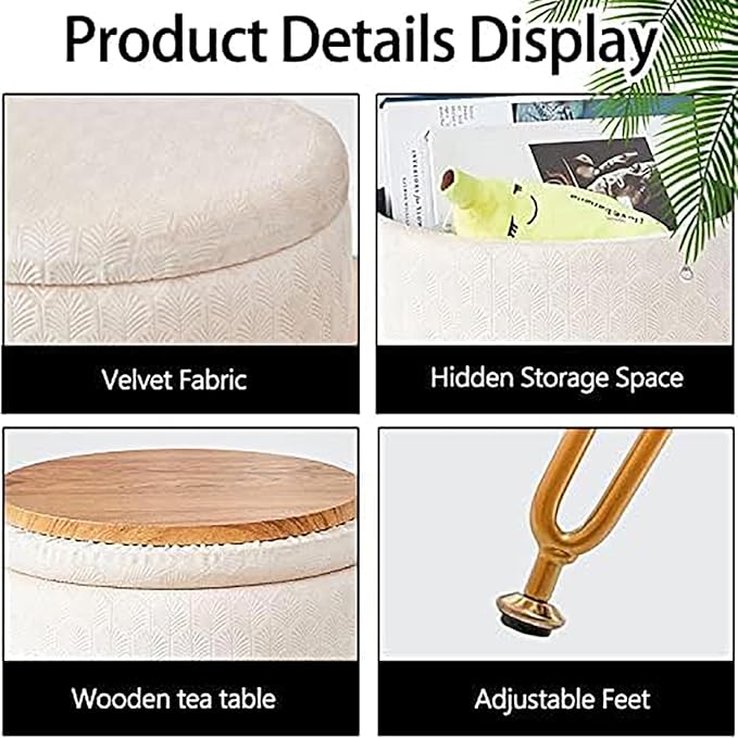 Cpintltr Modern Velvet Foot Rest Stool Upholstered Round Storage Ottomans Multipurpose Dressing Stools Luxury Home Decor Ottoman Coffee Table Top Cover Footstool with Metal Legs for Couch Beige