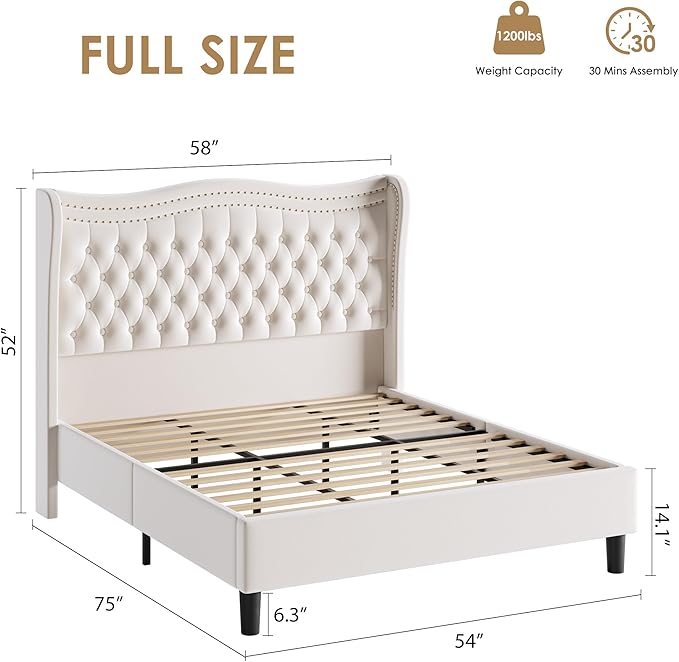 Upholstered Full Size Bed Frame with Tall Headboard, Velvet Wingback Platform Bed Frame with Deep Button Tufted, No Box Spring Needed, Noise Free, Beige